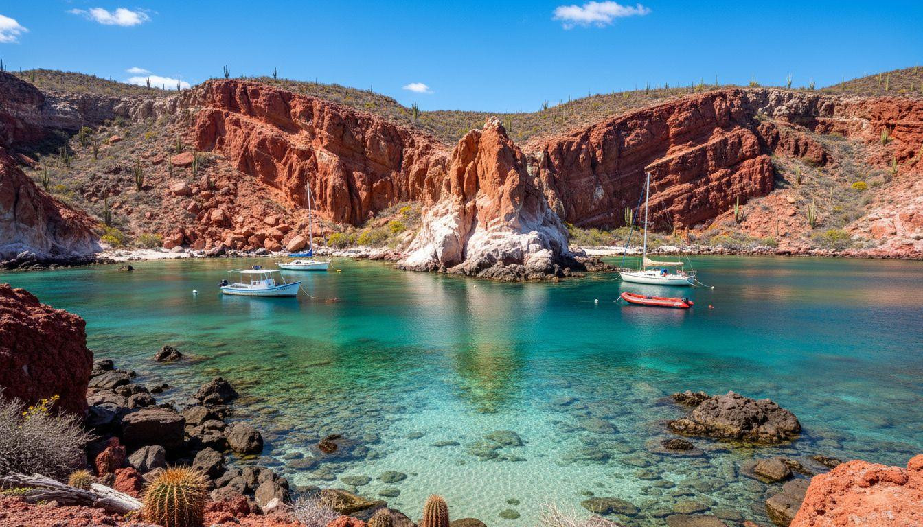 This emerald bay hides between red cliffs where 3 boats share winter silence