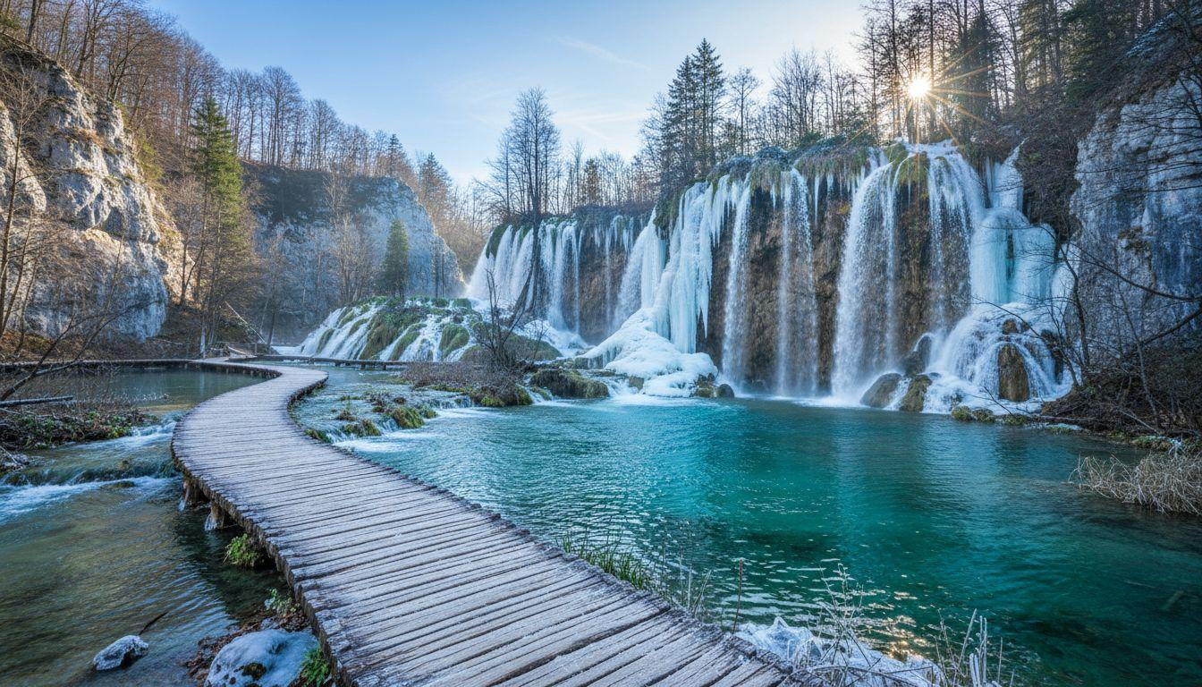 12 wooden boardwalks float above cascading lakes where winter ice transforms 90 waterfalls