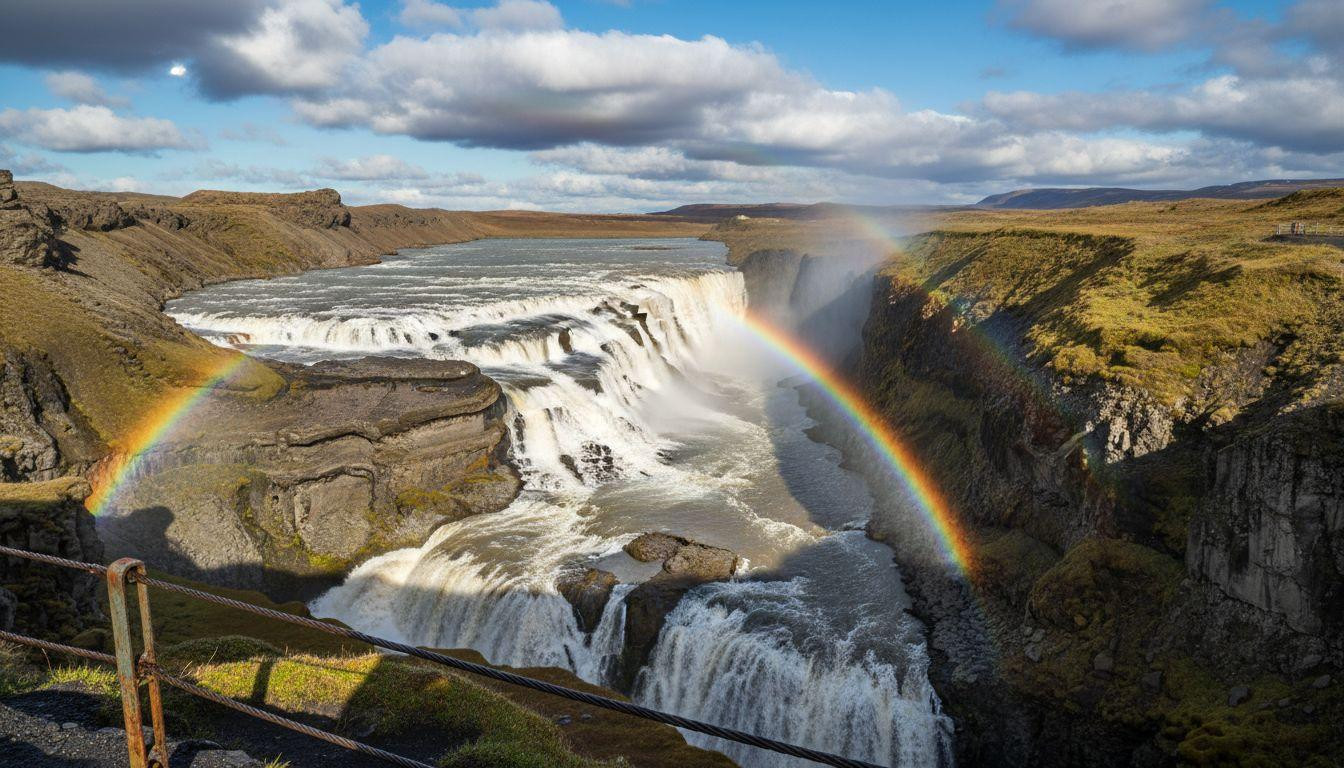 This waterfall drops glacial gold where rainbows appear in canyon mist