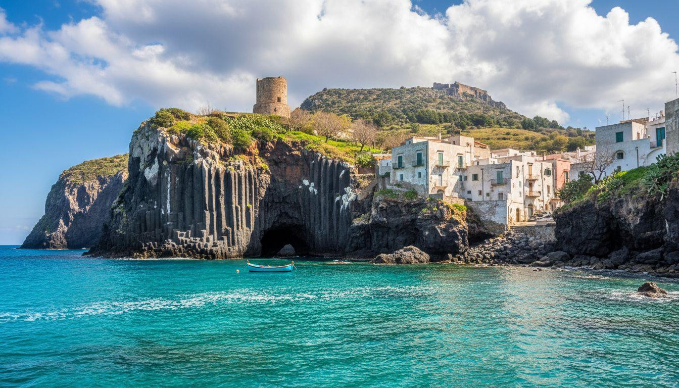 This volcanic island keeps black cliffs and turquoise water 42 miles from Palermo