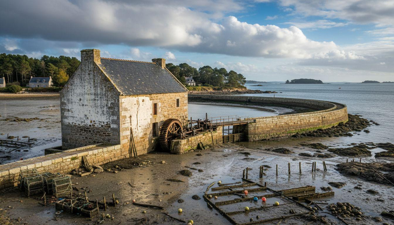 This Brittany island opens medieval mill paths where 254 locals farm oysters at low tide