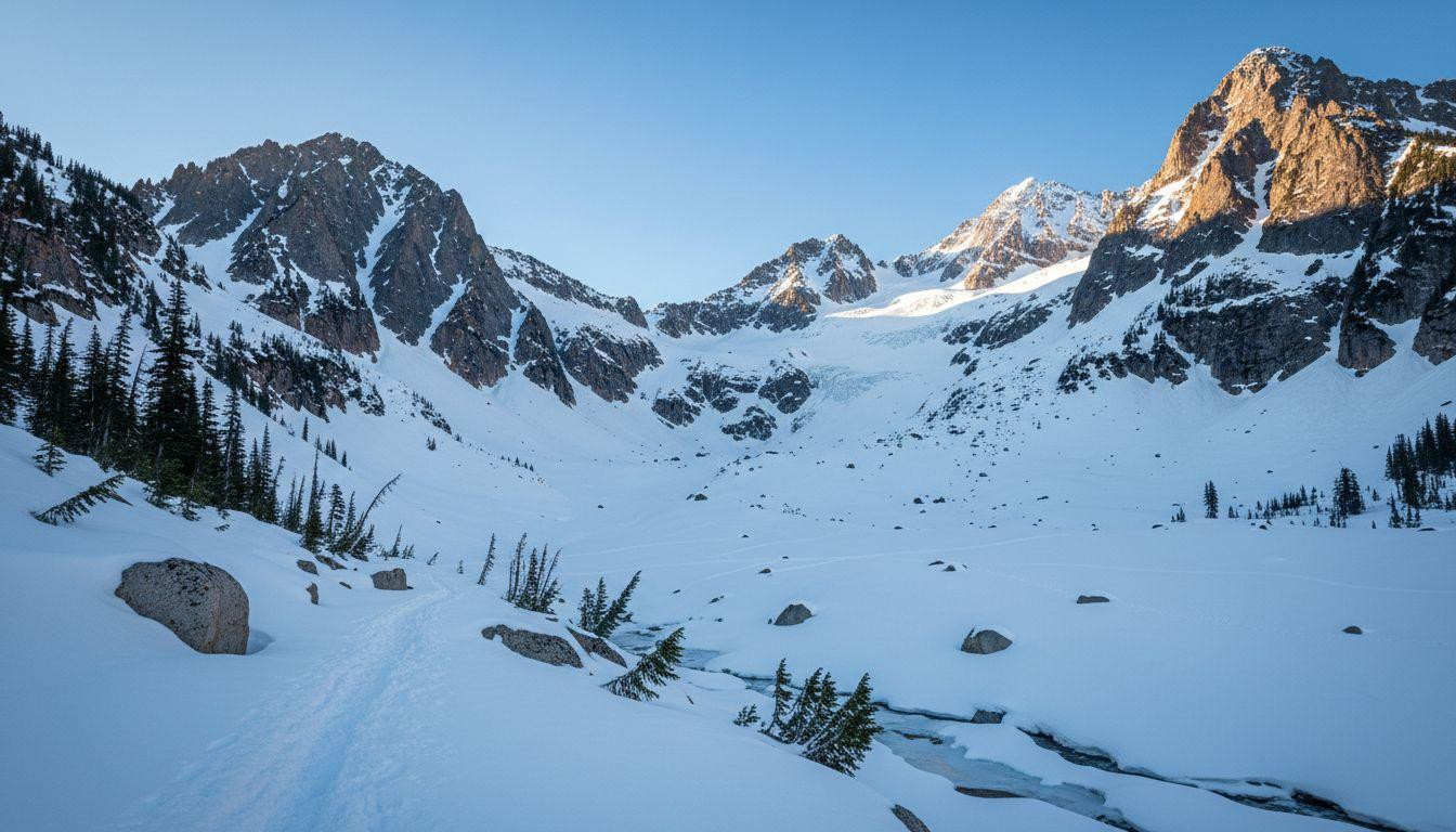 This massive snowfield sits beneath 8,000-foot peaks where backcountry silence replaces lift lines