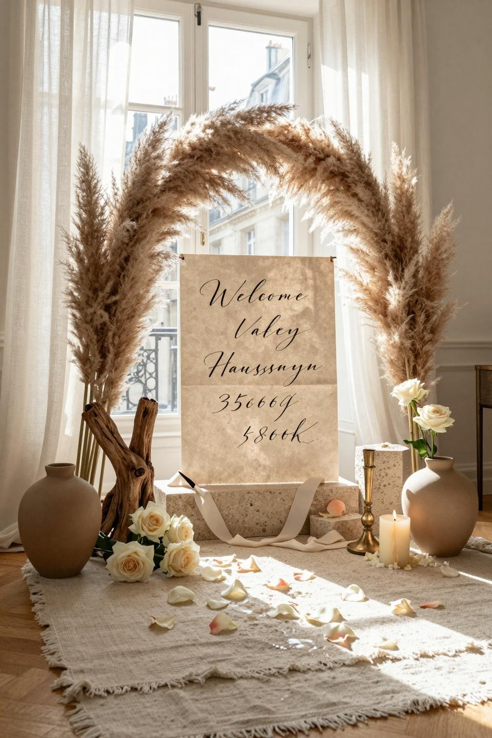 Baby Shower Welcome Sign - dried pampas grass arch with stone accents