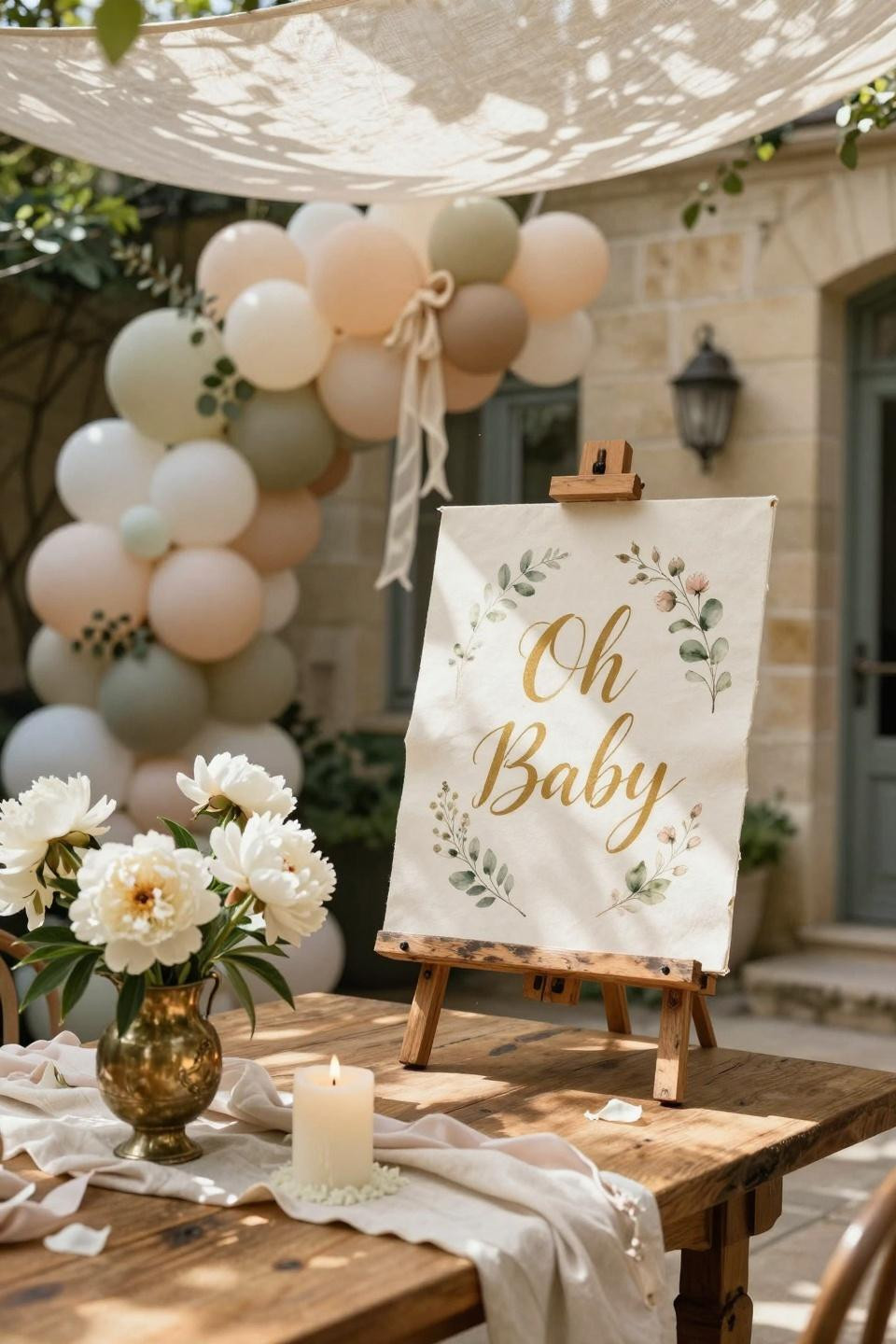 Baby Shower Welcome Sign - garden courtyard setup with botanical details