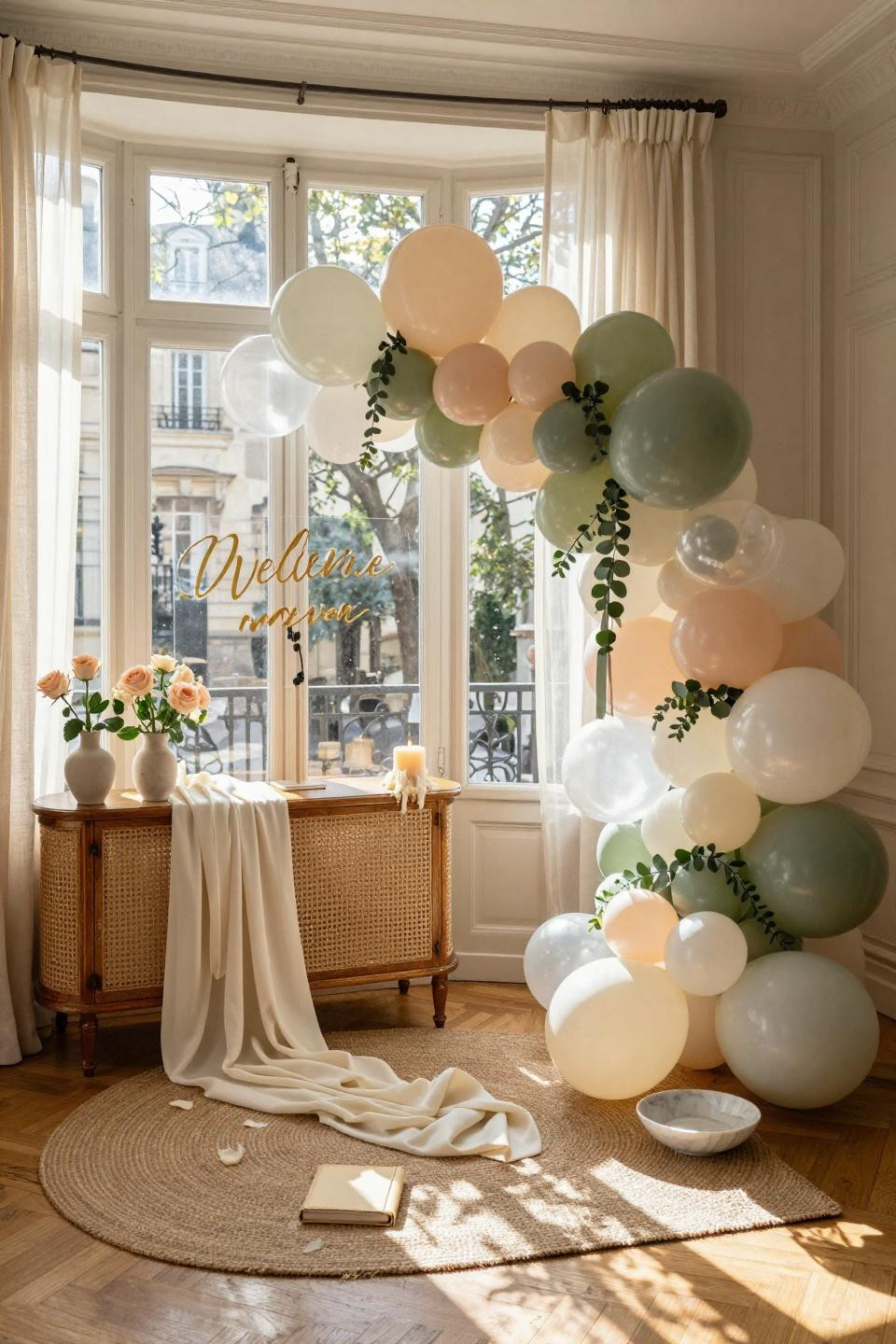 Baby Shower Welcome Sign - balloon arch with eucalyptus garland