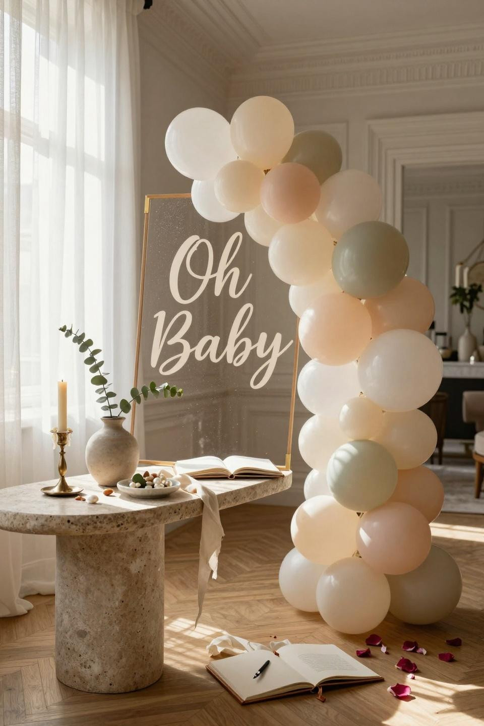 Baby Shower Welcome Sign - balloon arch with custom oak calligraphy