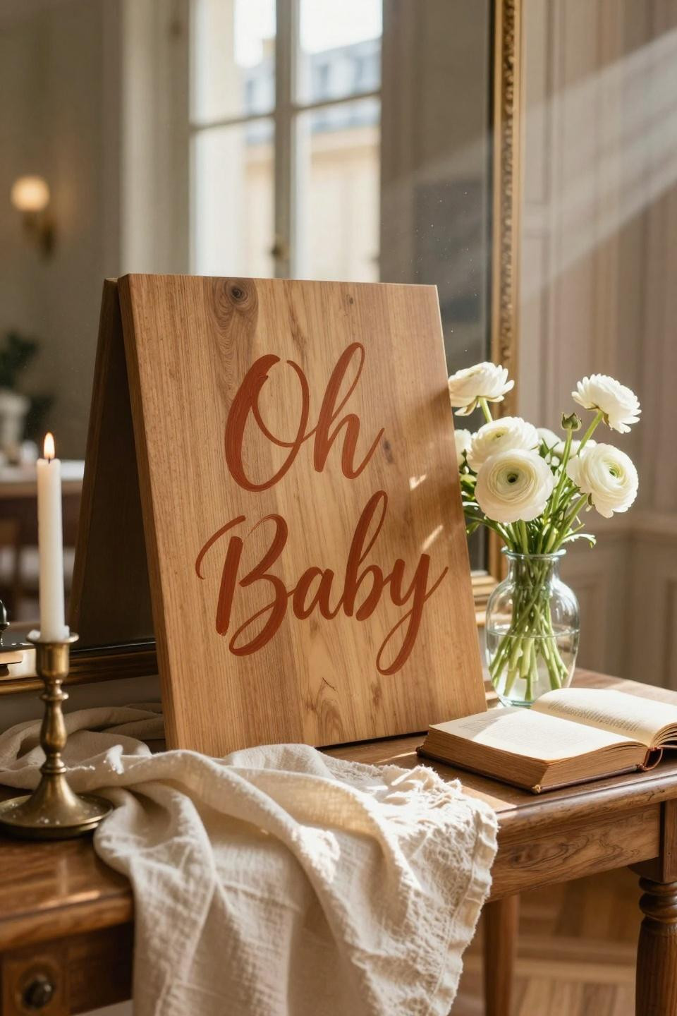 Baby Shower Welcome Sign - detailed oak board with calligraphy styling