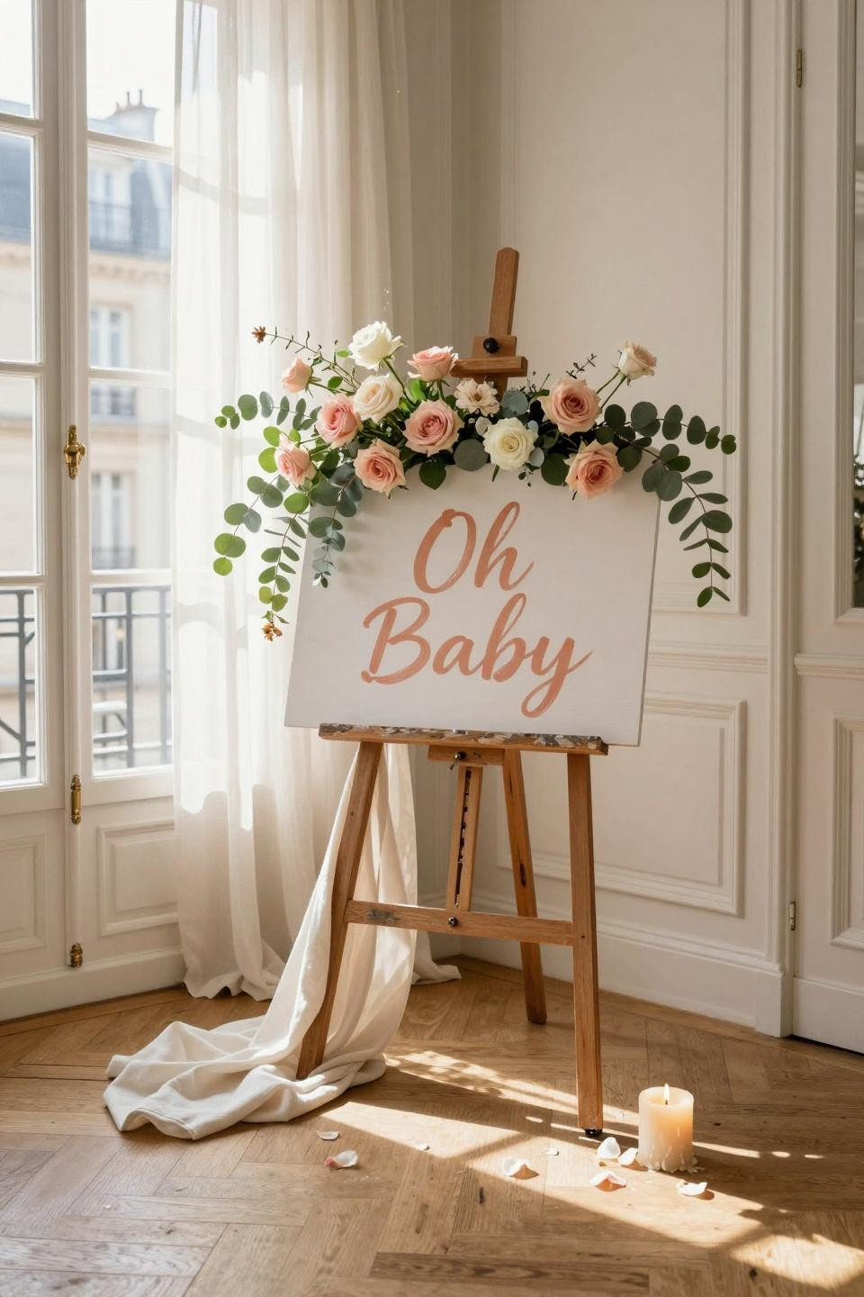Baby Shower Welcome Sign - hand-painted wooden sign with floral arch