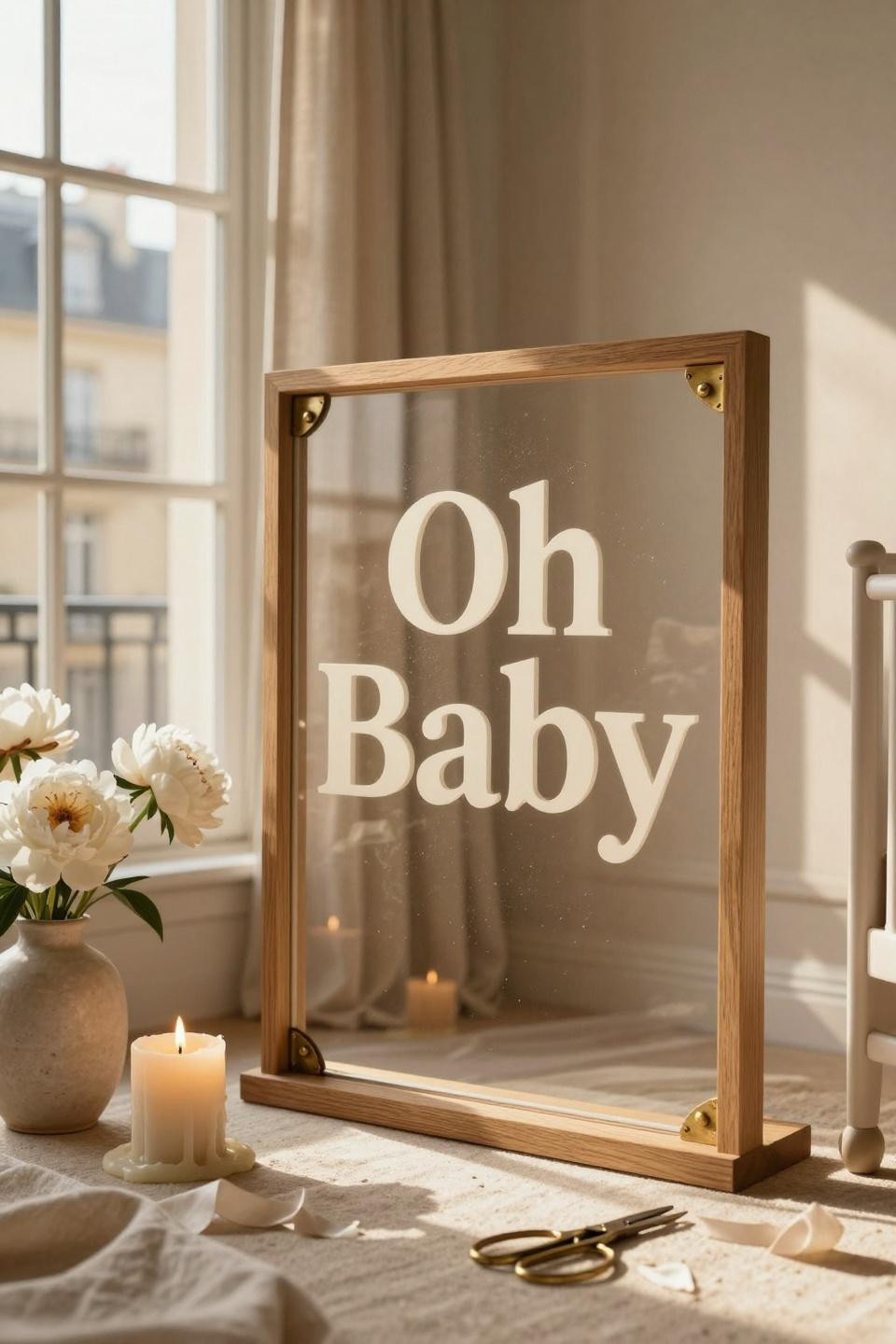 Baby Shower Welcome Sign - closeup of DIY wooden sign with styling