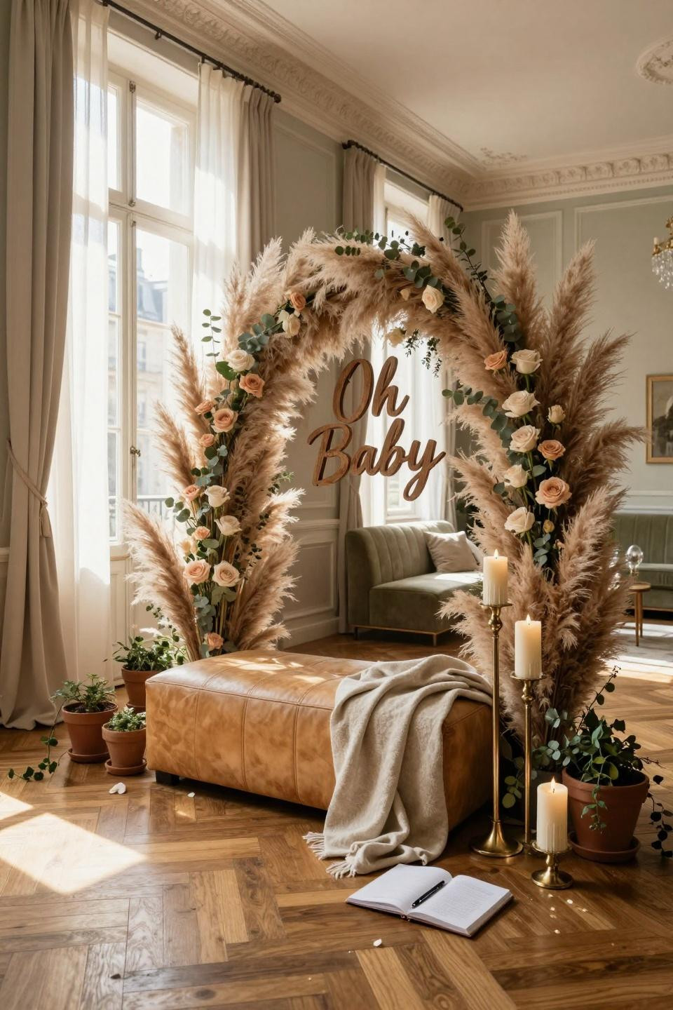 Baby Shower Welcome Sign - large-scale pampas and floral arrangement