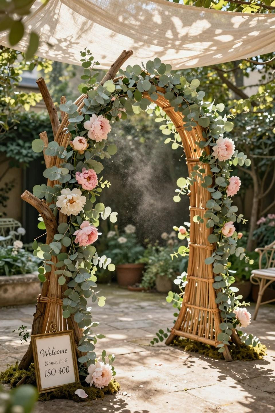 Baby Shower Welcome Sign - natural wood arch with organic greenery