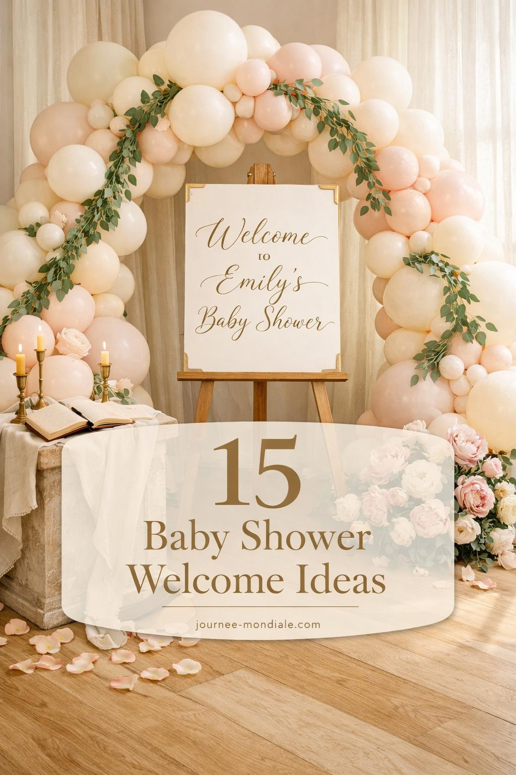 Oh baby welcome sign on easel with white and gold balloon arch, featuring neutral colors, greenery accents, and modern entrance decor