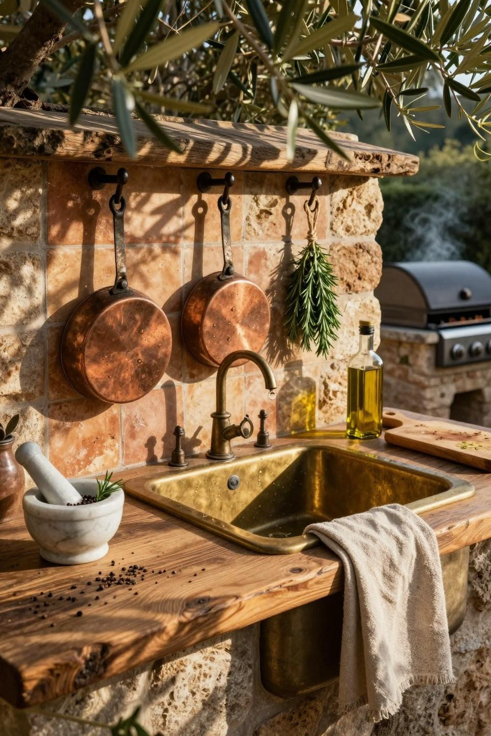 Backyard Outdoor Kitchen - detailed setup with metallic accents