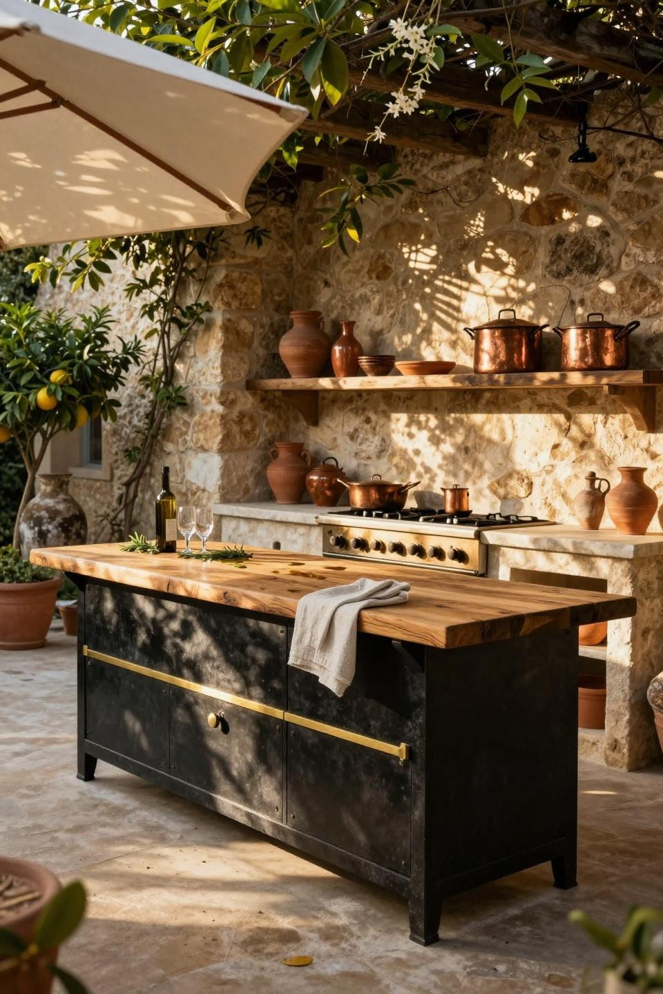 Backyard Outdoor Kitchen - rustic stone and wood setup