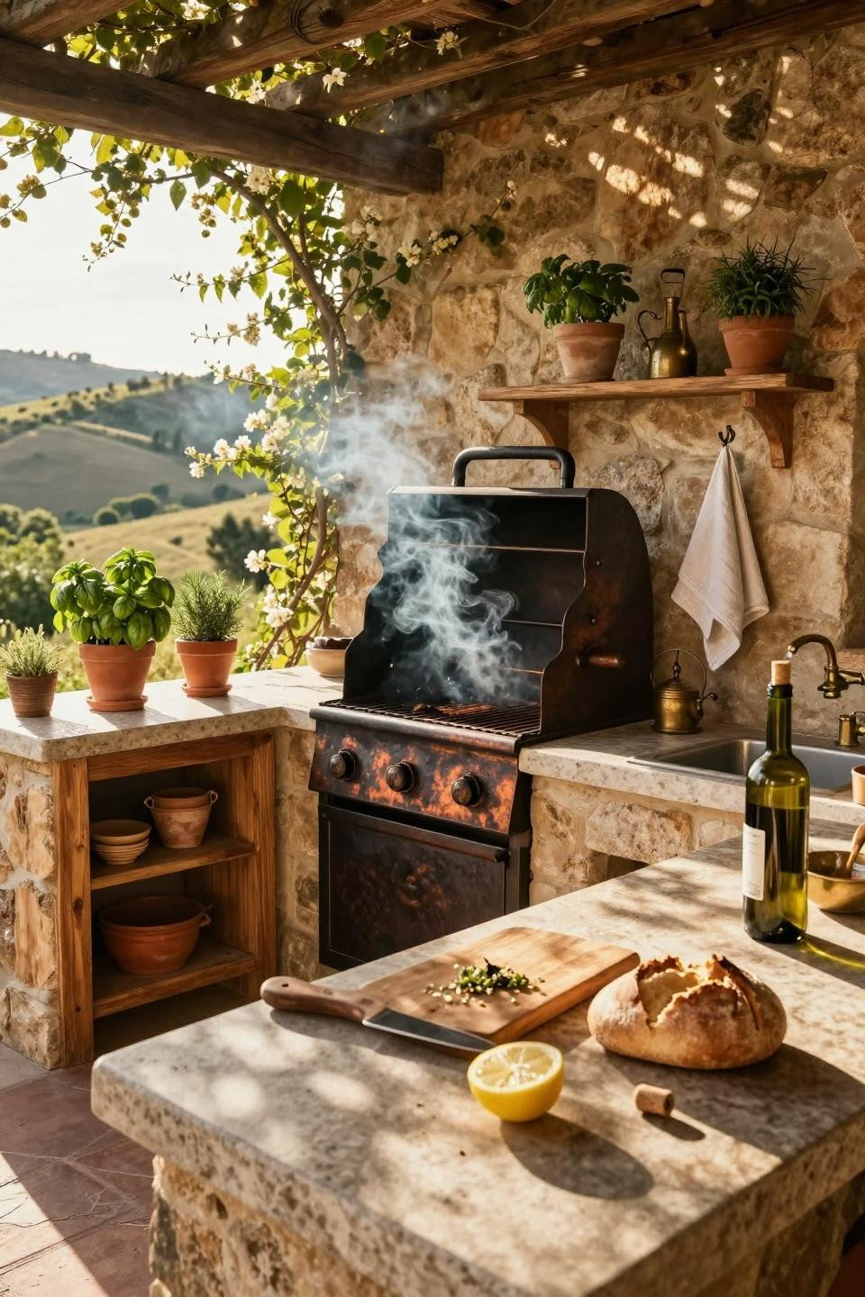 Backyard Outdoor Kitchen - rustic cooking area with herbs