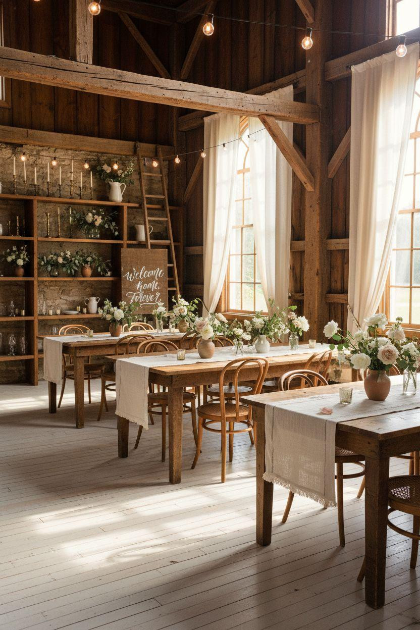 Barn Wedding Decorations - farmhouse reception tables with reclaimed wood