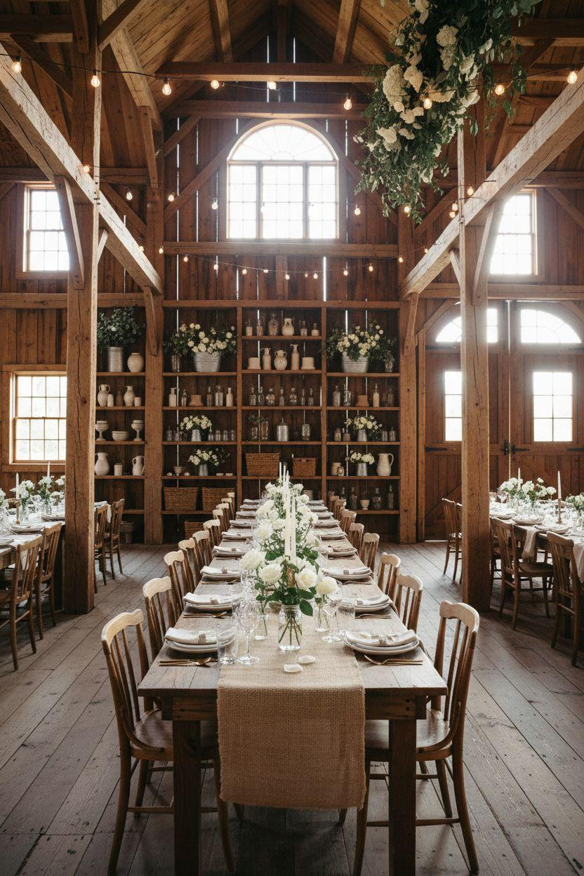 Barn Wedding Decorations - styled shelving and farmhouse tables