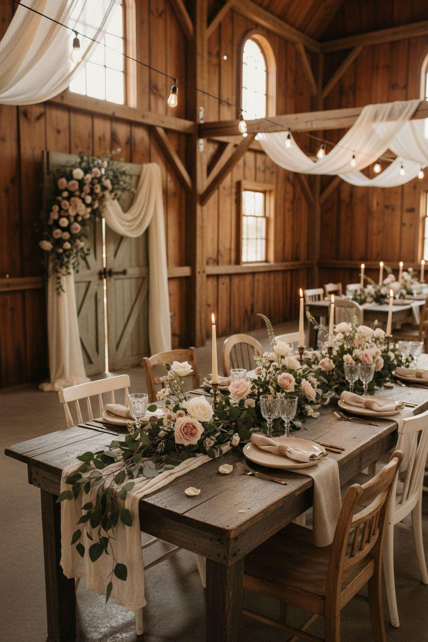 Barn Wedding Decorations - long harvest table with wild florals