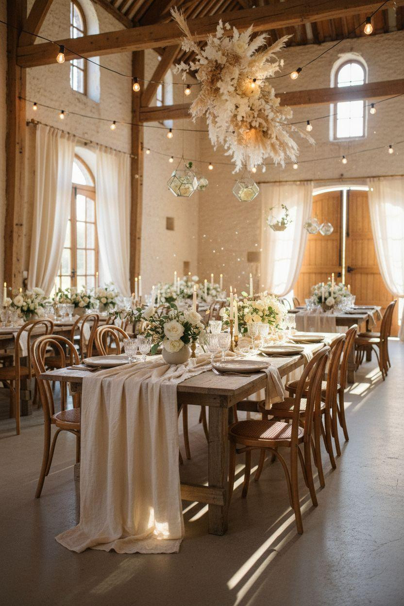Barn Wedding Decorations - airy ceremony space with sheer fabric