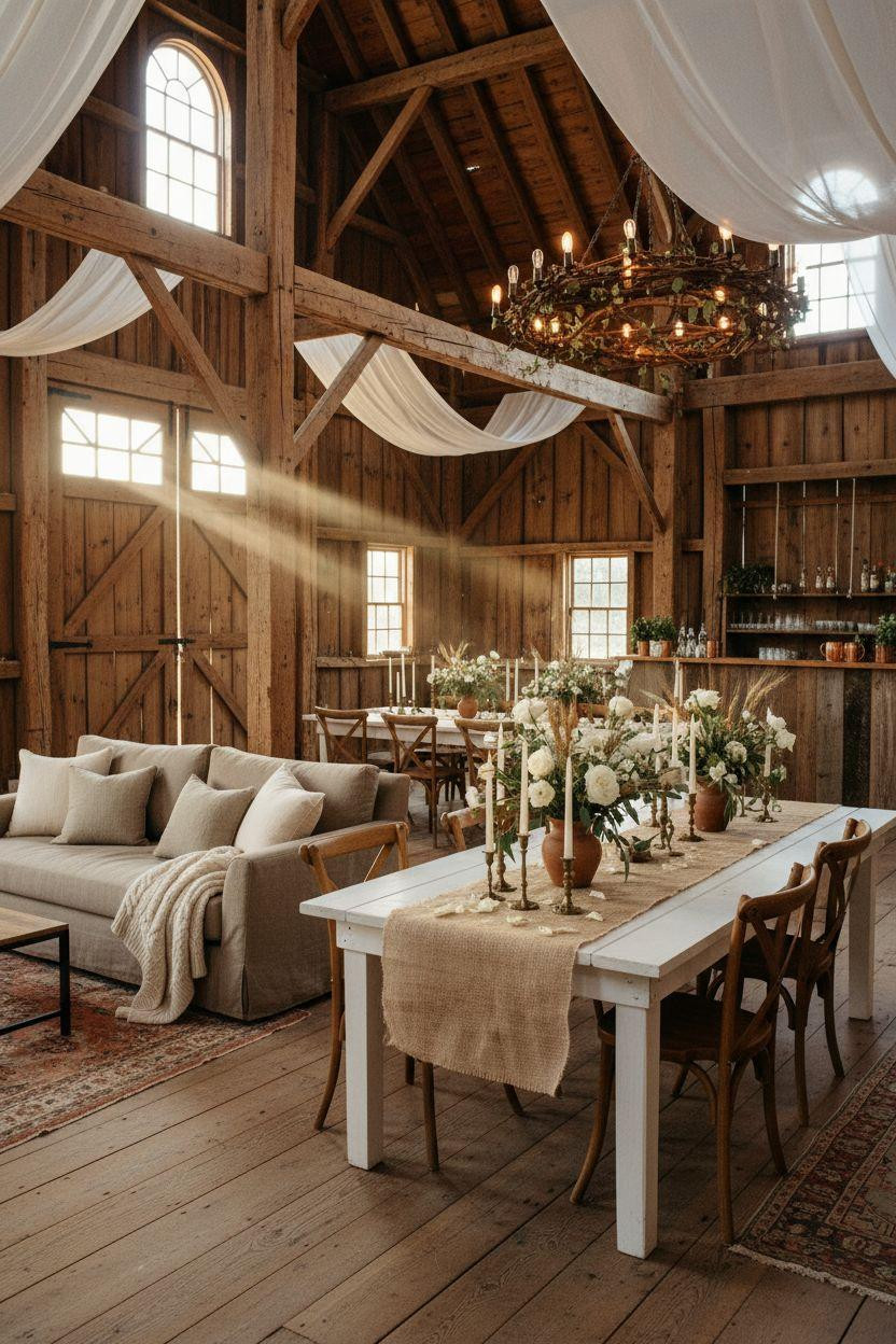 Barn Wedding Decorations - rustic barn with grapevine chandelier