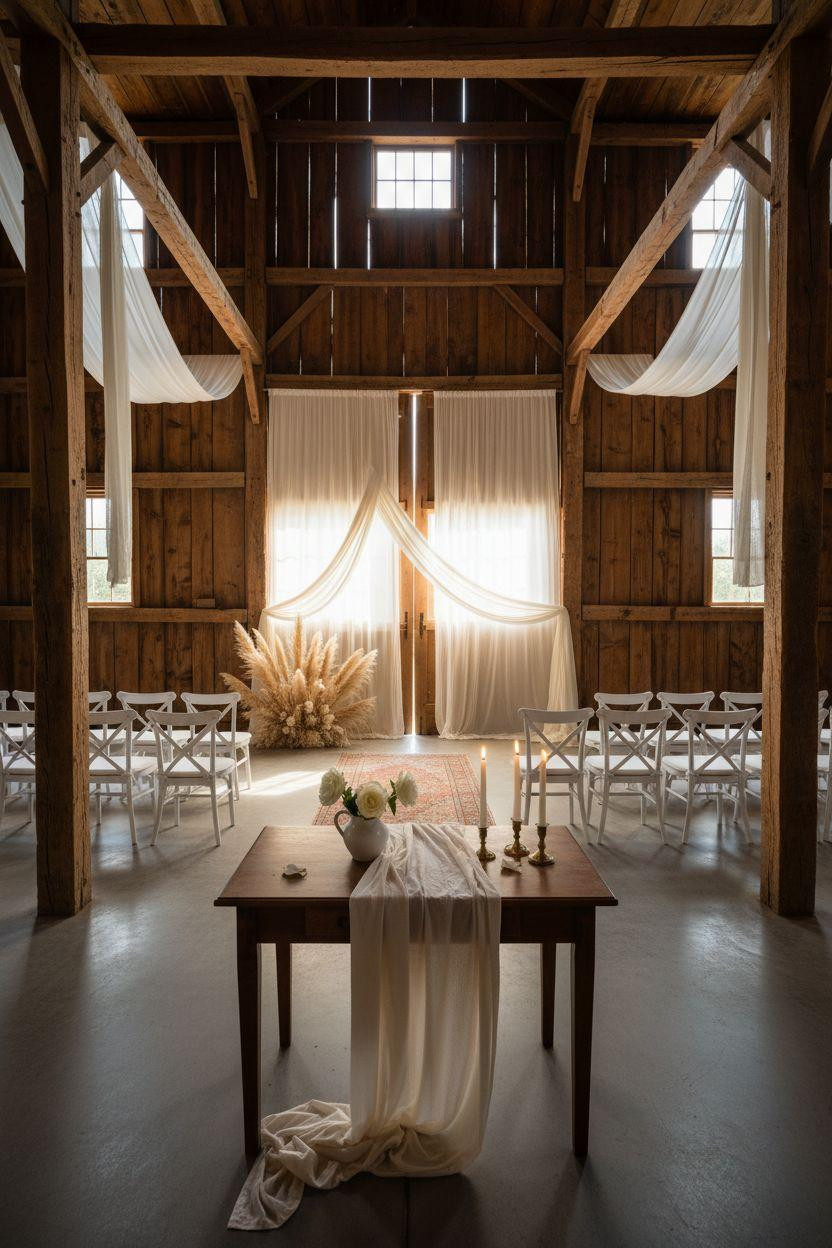 Barn Wedding Decorations - clean ceremony setup with natural elements