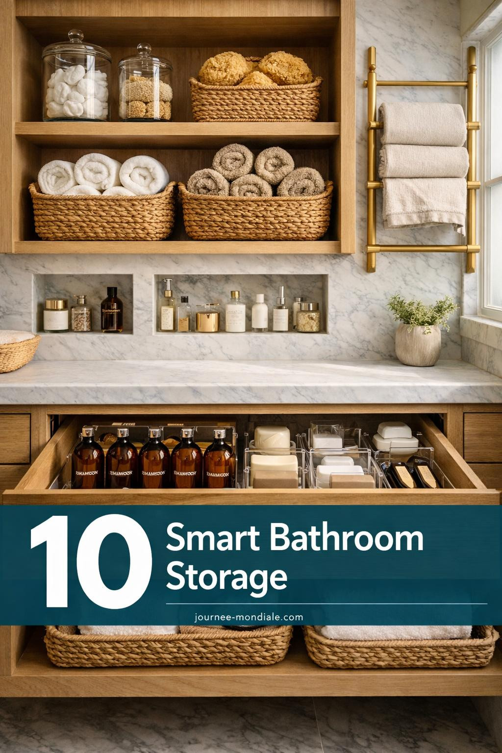 Luxury bathroom with white oak shelving, brass hardware, Carrara marble countertop, glass apothecary jars, spa towels in baskets, organized vanity storage
