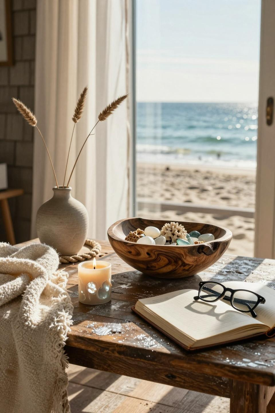 Beachy Living Room with driftwood and linen textures