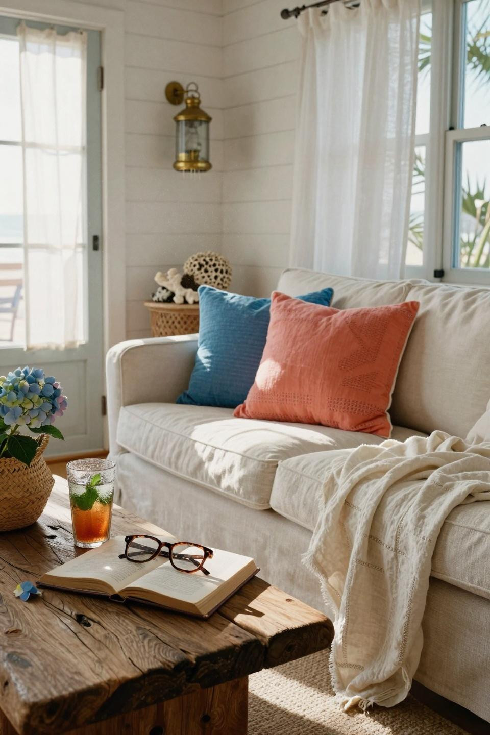 Beachy Living Room with morning sun and driftwood table