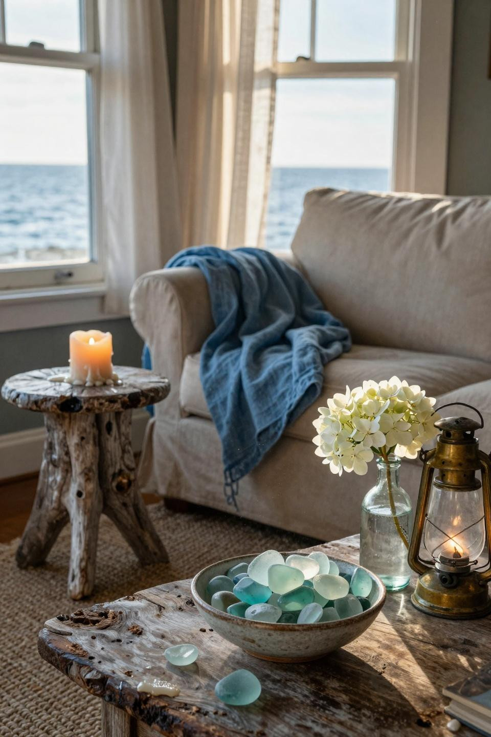 Small Beachy Living Room with distressed furniture