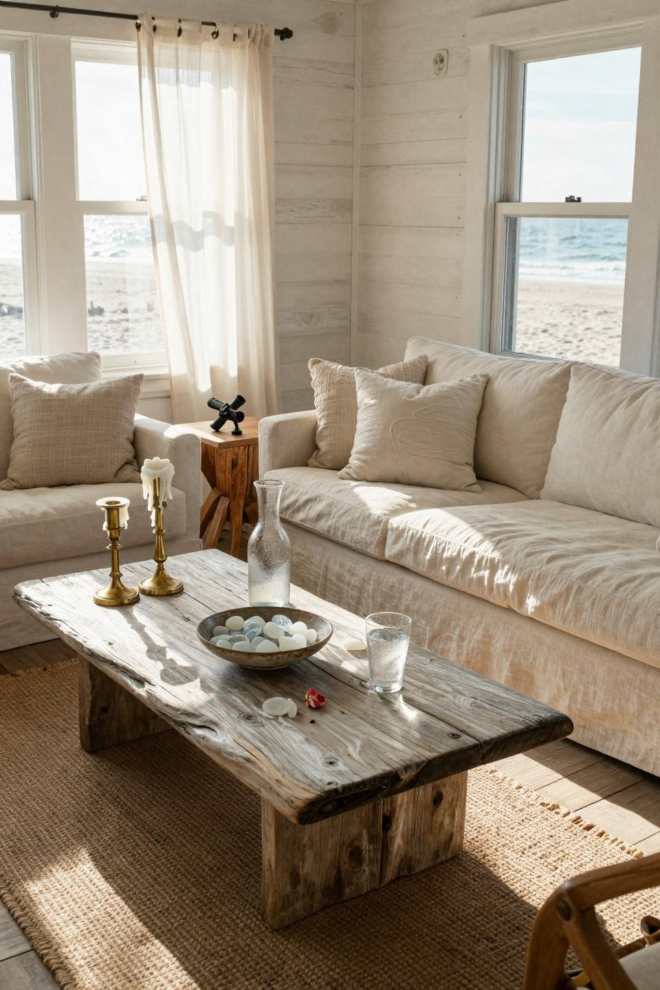 Beachy Living Room with dramatic driftwood centerpiece