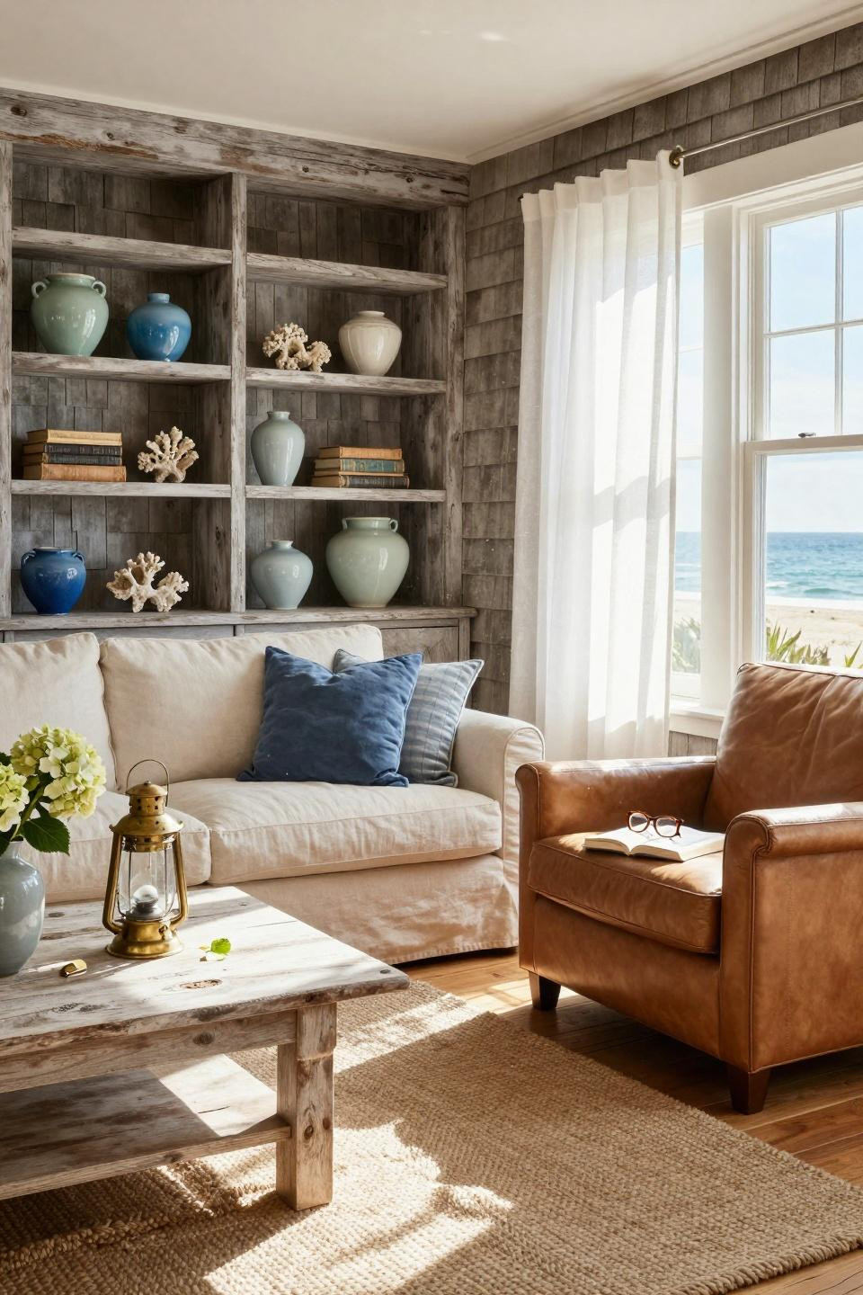 Beachy Living Room with weathered shelving and ocean blues