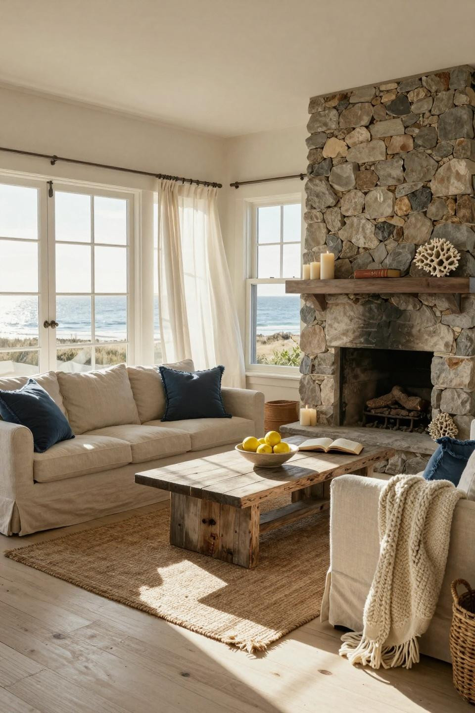 Beachy Living Room with stone fireplace and linen sectional