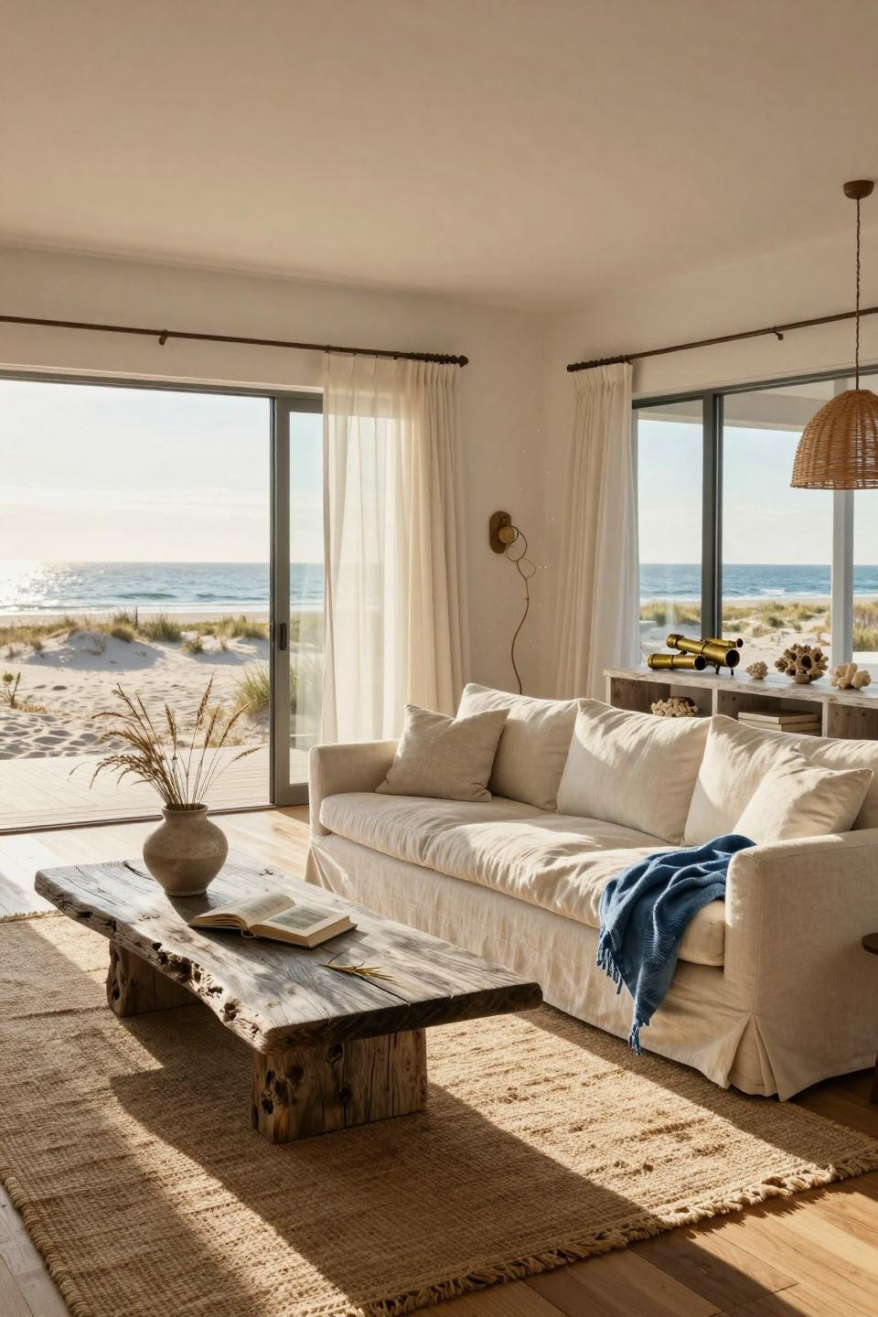 Beachy Living Room with French doors and ocean horizon
