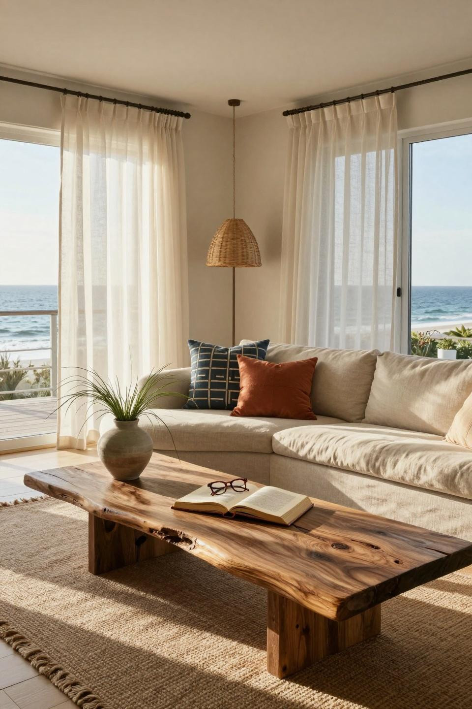 Beachy Living Room with sculptural curved sofa