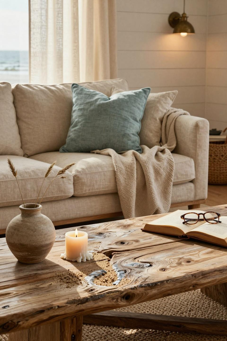 Beachy Living Room close-up of textured fabrics and wood