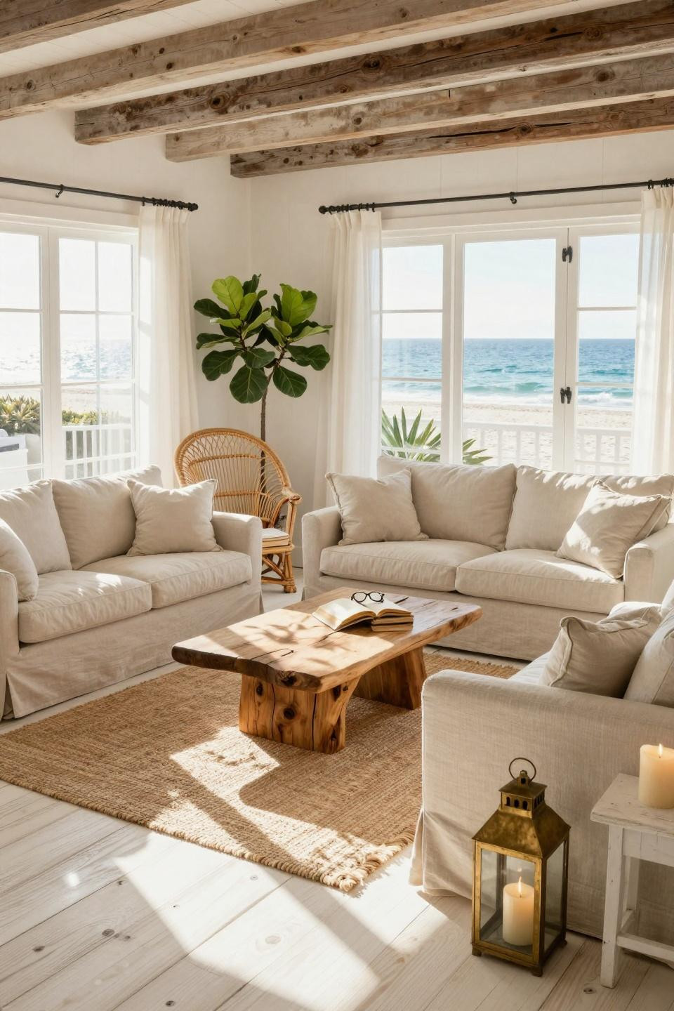 Beachy Living Room with floor-to-ceiling windows and linen sofa