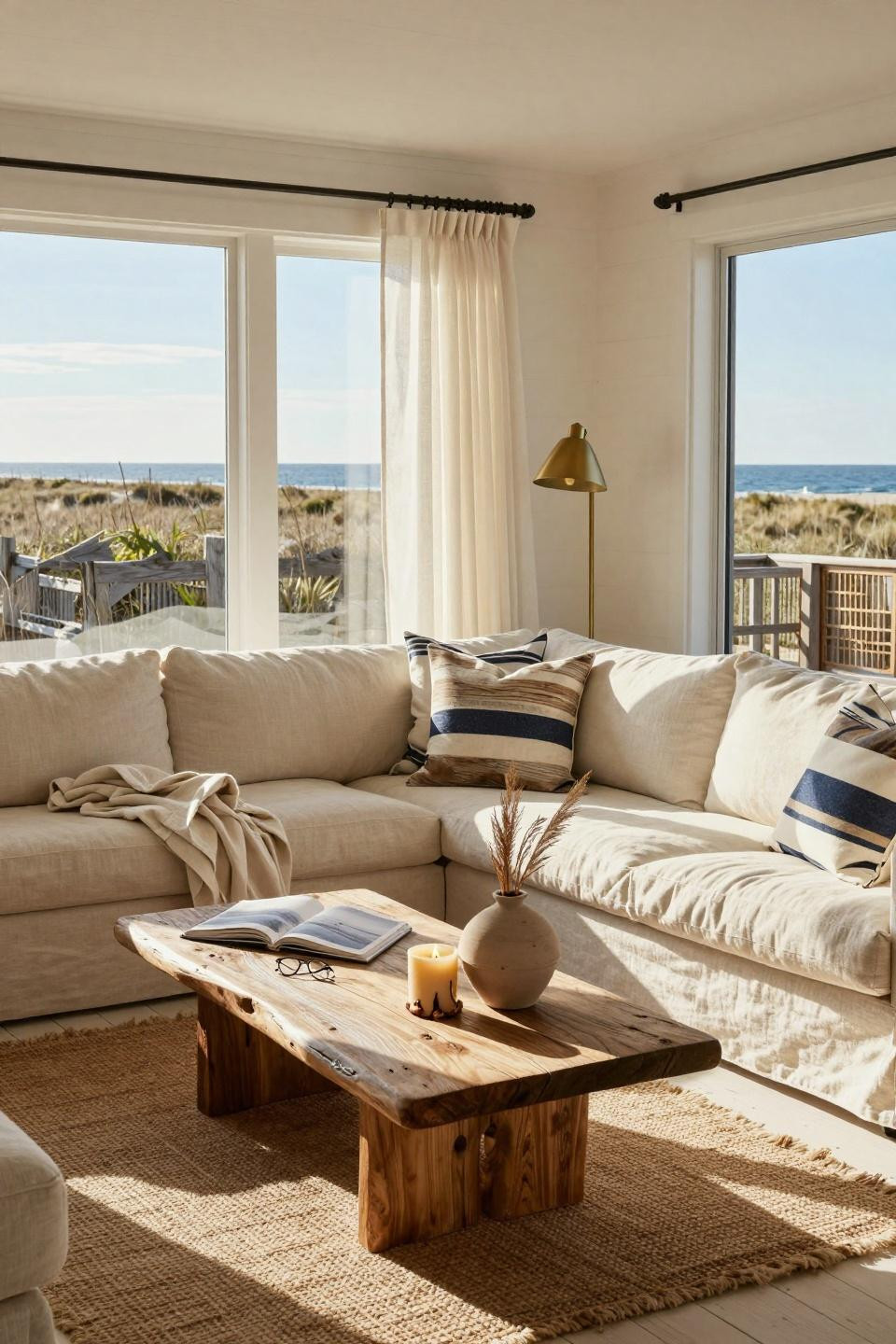 Small Beachy Living Room with sectional and driftwood table