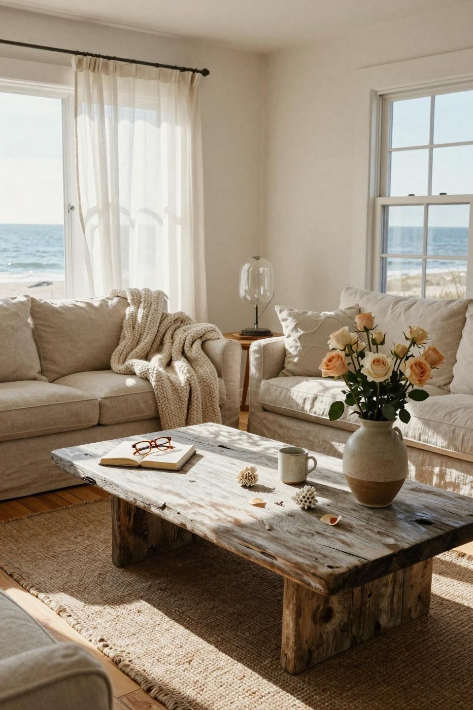 Beachy Living Room with knit throw and oak flooring
