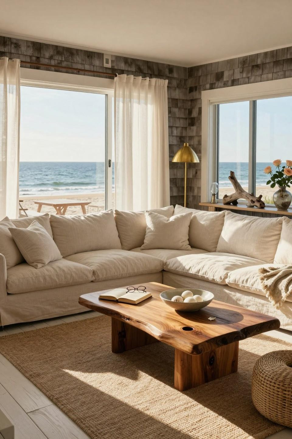 Beachy Living Room with casual sectional and jute rug