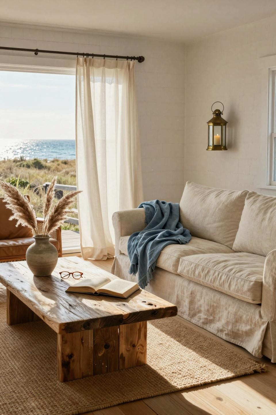 Beachy Living Room with driftwood and indigo accents