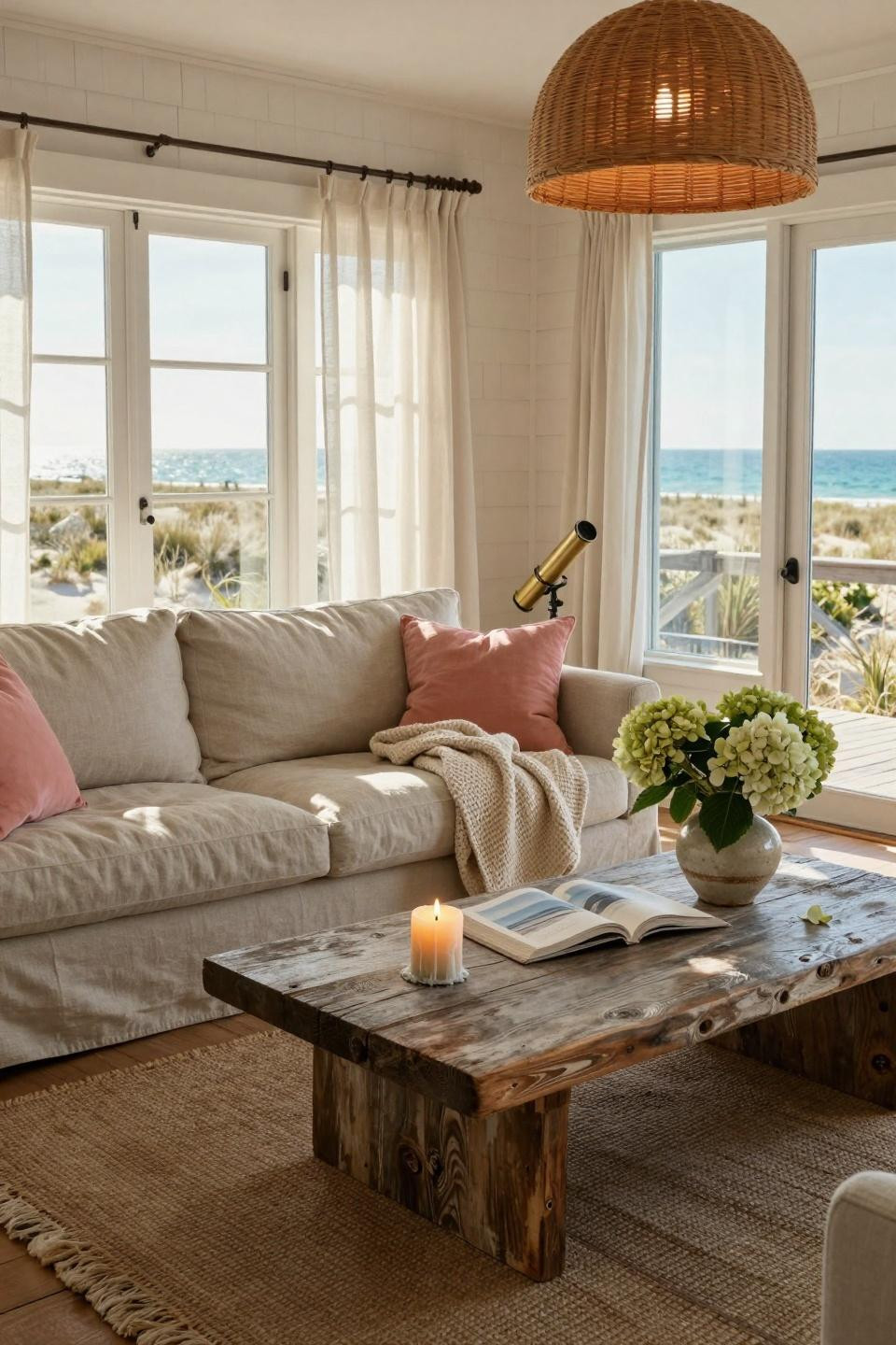 Beachy Living Room with open French doors