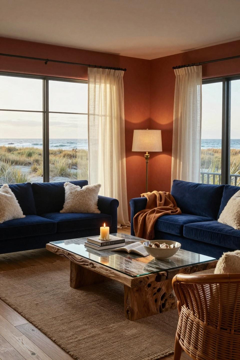 Beachy Living Room with navy velvet and terracotta