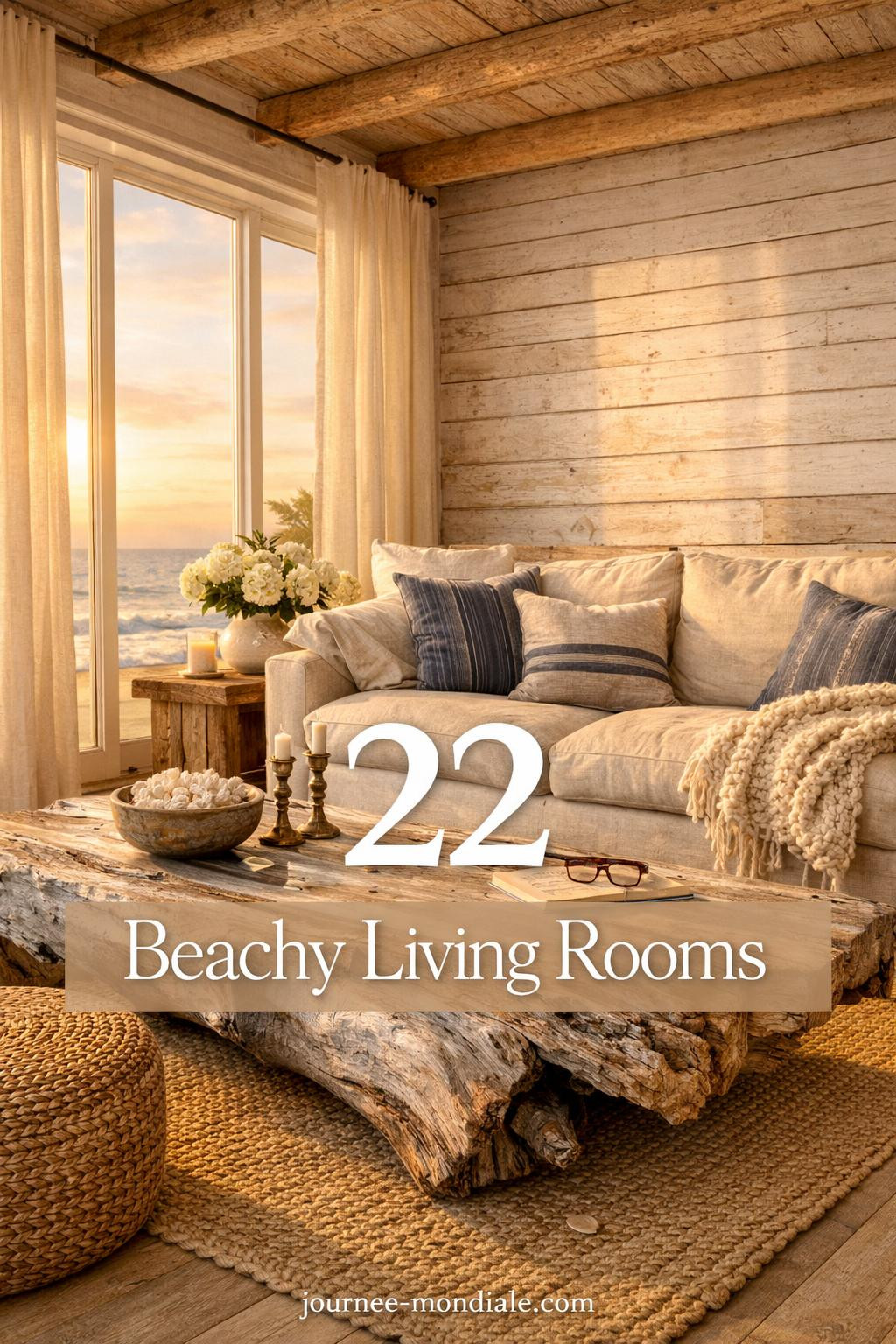 Bright coastal living room featuring white slipcovered sofa, rattan chairs, driftwood coffee table, and ocean-inspired accents