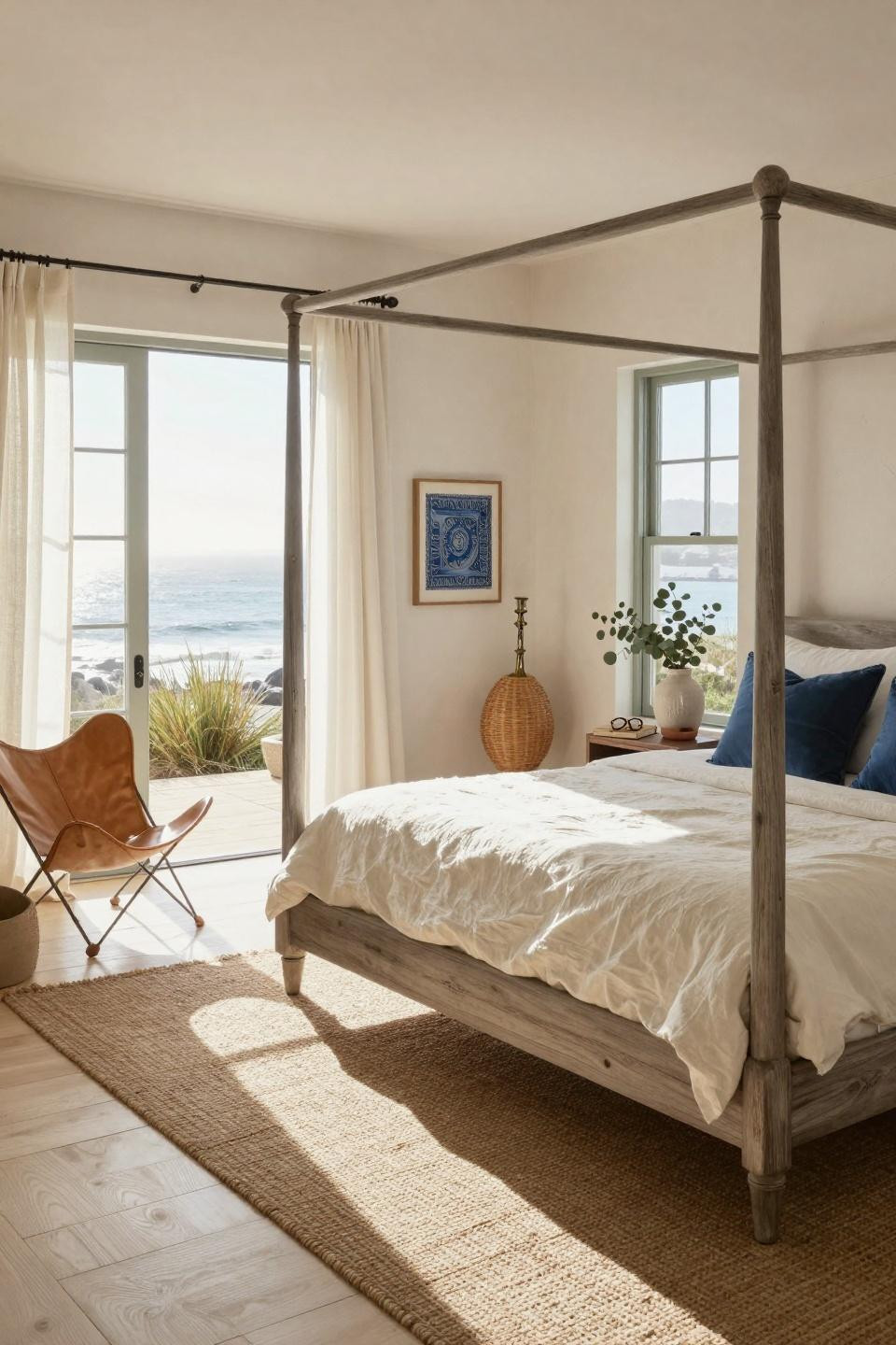 Beachy Room Decor - four-poster bed with vintage rattan pendant and leather chair