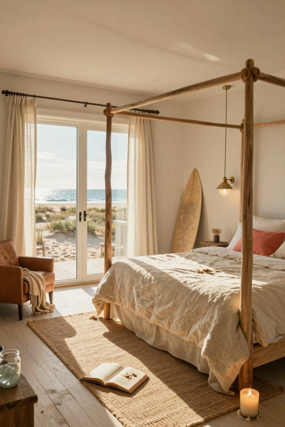Beachy Room Decor - driftwood four-poster bed with rope-wrapped pendant lights