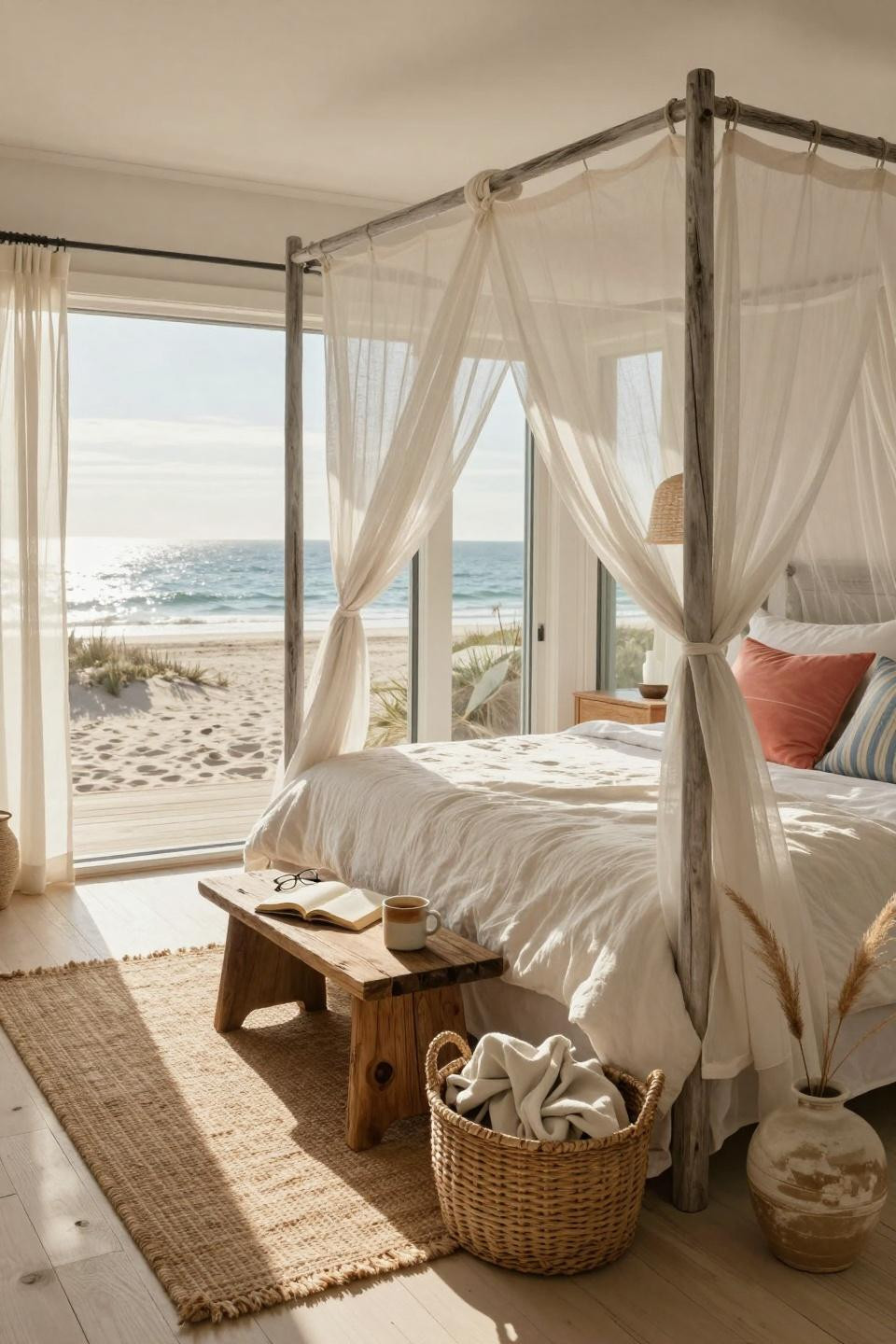 Beachy Room Decor - four-poster bed with gauzy netting and ocean horizon