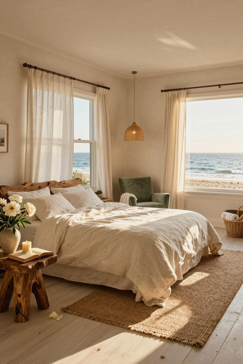 Beachy Room Decor - Hamptons bedroom with driftwood nightstands and ocean views