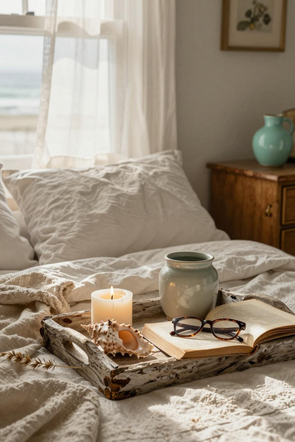Beachy Room Decor - close-up of coastal textures and layered linens