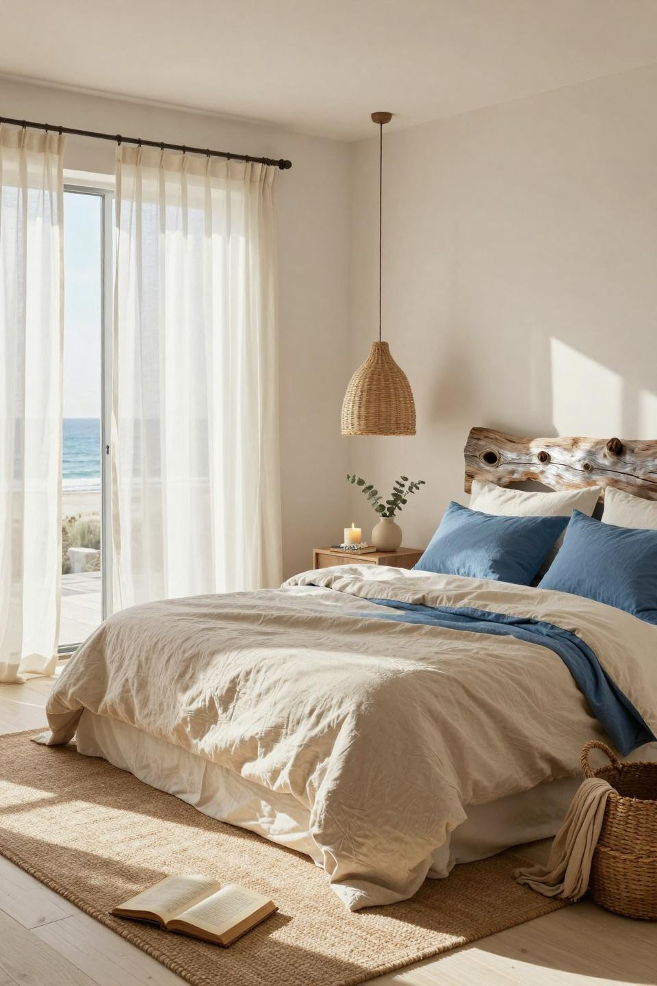 Beachy Room Decor - whitewashed bedroom with rattan pendant and linen bedding