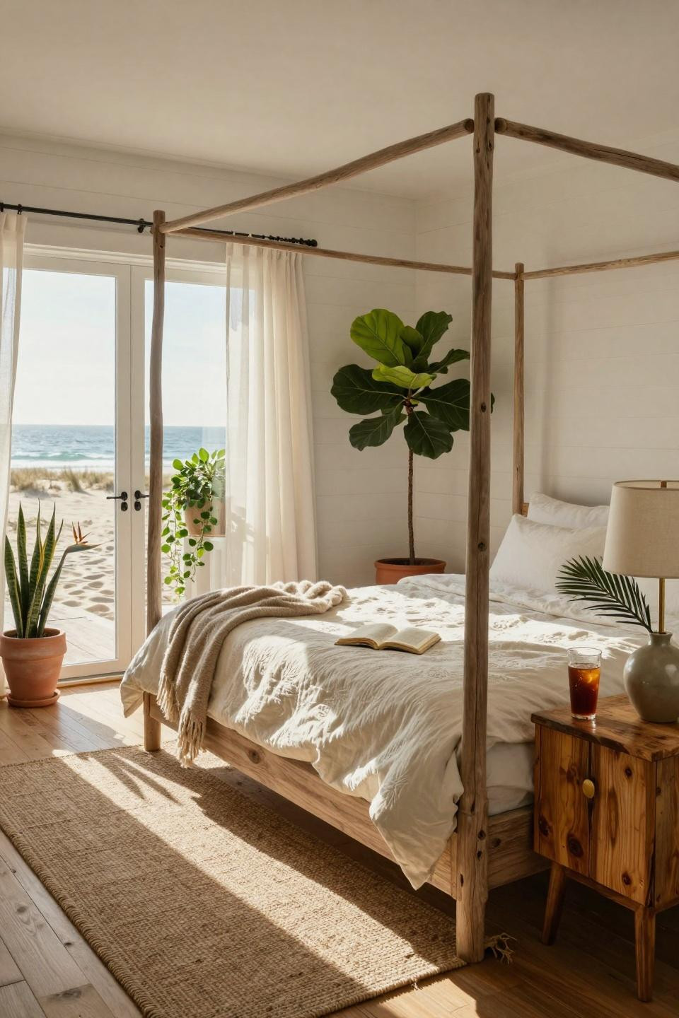 Beachy Room Decor - breezy bedroom with potted plants and ocean view